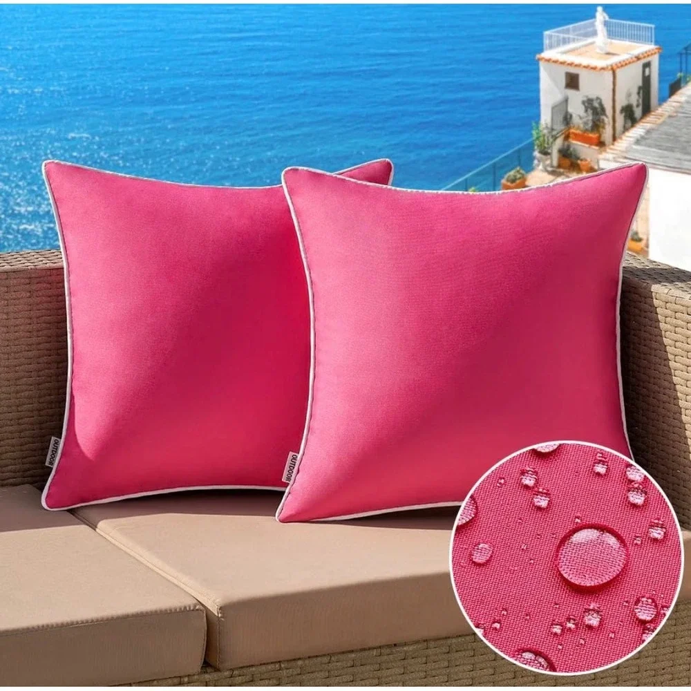 2 Pack Hot Pink Outdoor Waterproof Pillow Covers 18x18 White Piping Hidden Zip